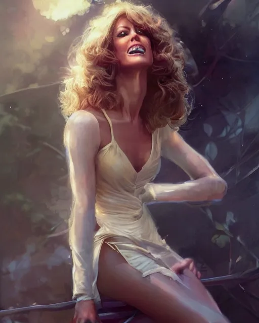 Image similar to photo of farra fawcett, film still, dslr, by greg rutkowski, enoch bolles, ross tran, artgerm, wlop glossy skin, intricate detail, art deco, pearlescent, very coherent, alluring