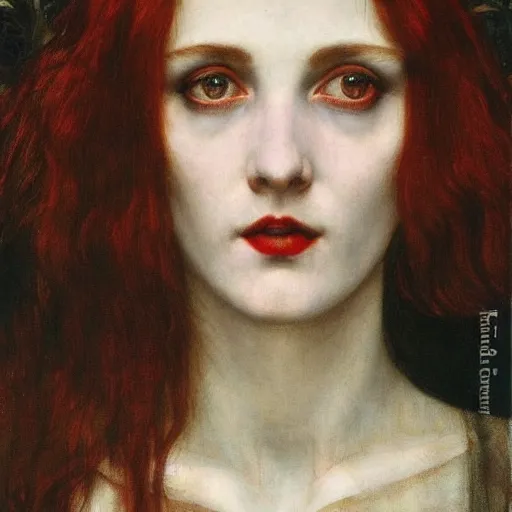 Image similar to A striking Pre-Raphaelite witch with intense eyes and bright red hair, by John Collier, by John William Waterhouse