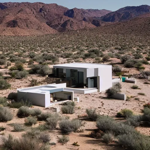 Prompt: a camera photo of a modern villa in the middle of the desert