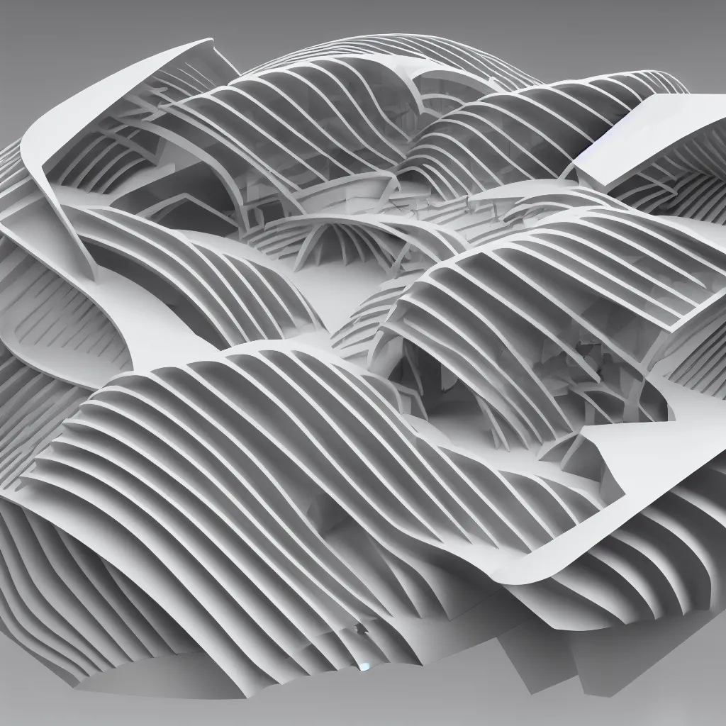 Image similar to sculptural curved roof planes lift and descend creating shade and architectural expression, dramatic form, 3 d top view axonometric, isometric