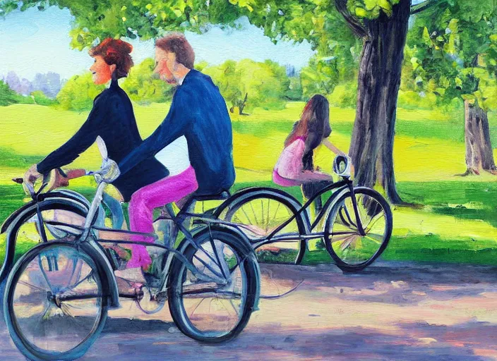 Image similar to a couple on bicycles in the park painting