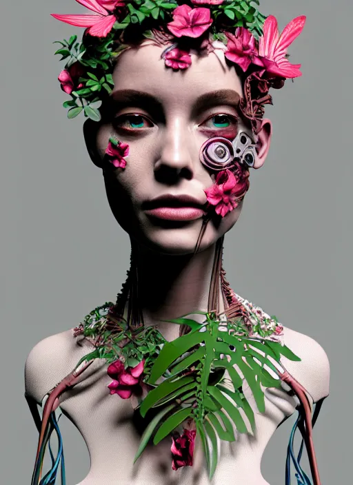 Prompt: cinestill 5 0 d matt colors 3 d model, biomechanical beautiful young female cyborg with porcelain profile face and a big floral eye, volumetric light, leaves foliage and stems, hibiscus flowers, boho floral vines, sinuous fine roots, fine foliage lace, head in focus, alexander mcqueen, steampunk, octane render, 8 k