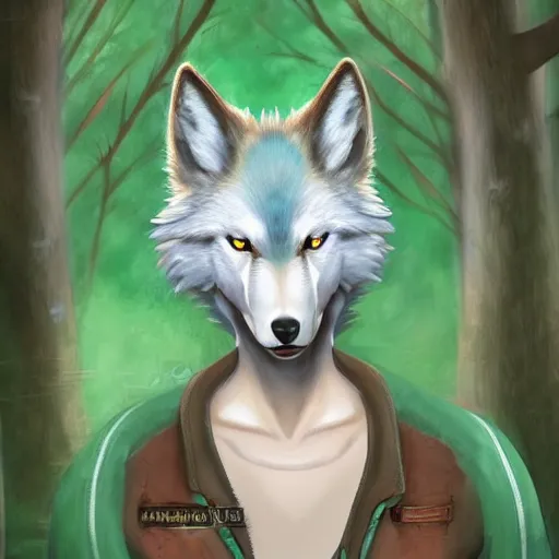 Image similar to Beautiful portrait digital painting of an anthro anthropomorphic minty wolf at a forest day time.