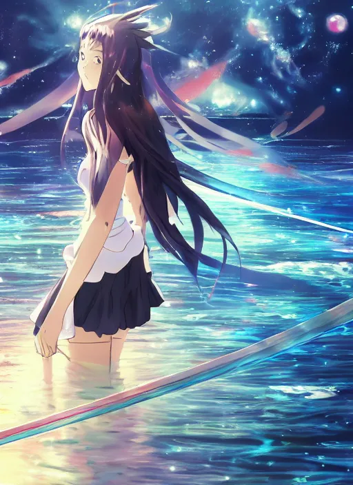 Image similar to a beautiful anime girl walking on water holding a beautiful katana, ripples, backdrop of dawn, giant planets in the background, anime illustration from genshin impact from demon slayer from jujutsu kaisen, concept art, anime, key visual, trending pixiv fanbox by wlop and greg rutkowski and makoto shinkai and studio ghibli