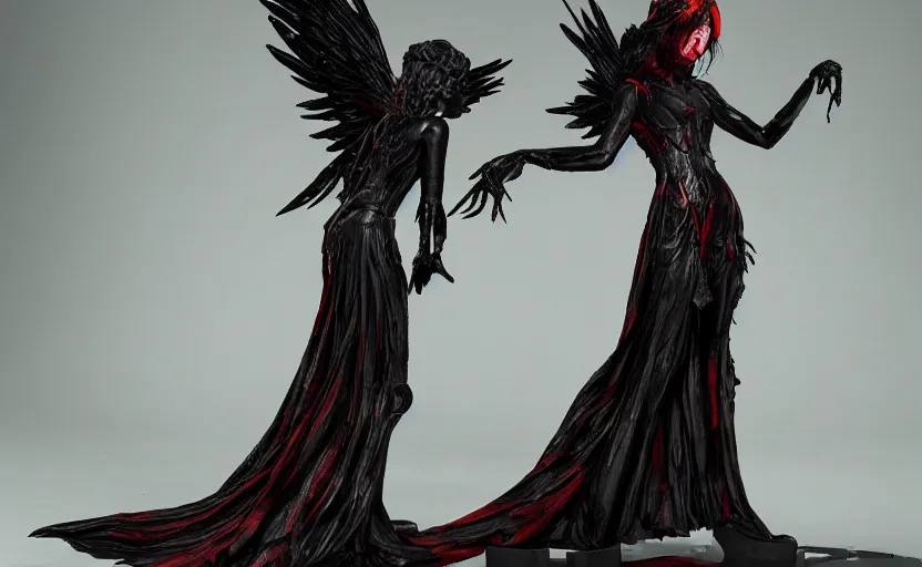 Prompt: Female dark angel in gothic red and black dress, their black wings are extended. She is in the bioluminescent forest. Horror scene, highly detailded. Bronze statue, unreal engine