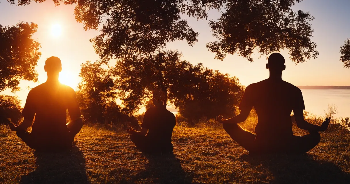 Prompt: wide range backlit photo of a man meditating, at a beautiful sunset, highly detailed, colorful,