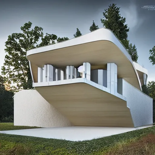 Image similar to contemporary architecture inspired by slavic traditional art, hyper realistic illustration