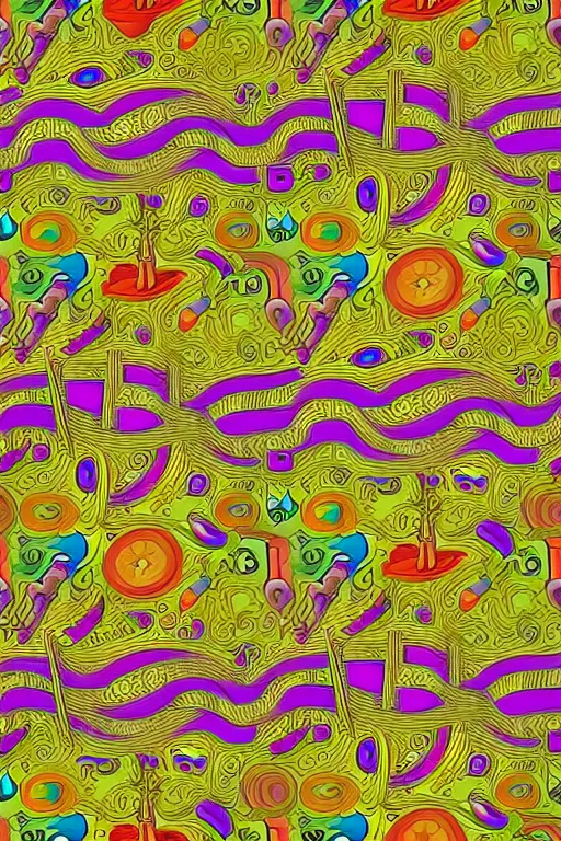 Image similar to seamless 2 d pattern of bizarre musical instruments, highly detailed, designed by tarsila do amaral and alphonse mucha, graphic design, 8 k, 4 k