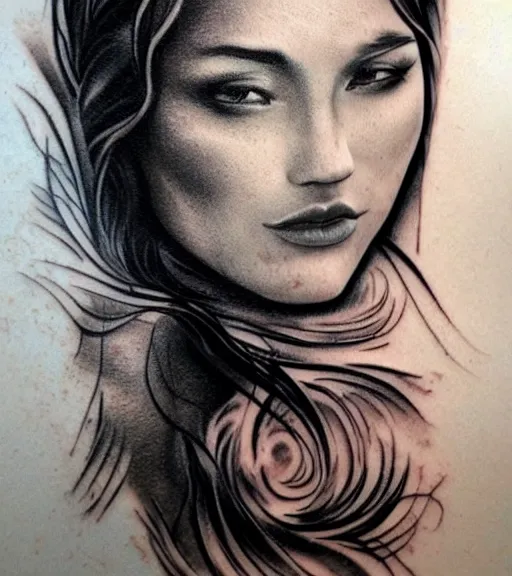 Image similar to tattoo design sketch of a beautiful woman face with a faded background of beautiful nature on her side, hyper - realistic, in the style of den yakovlev, amazing detail, black and white, faded, double exposure