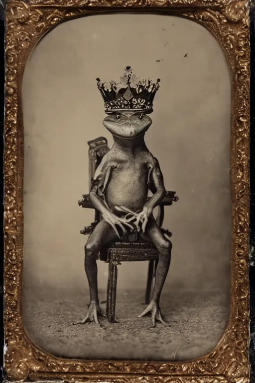 Prompt: a wet plate photo of an anthropomorphic frog sitting on a throne wearing a crown