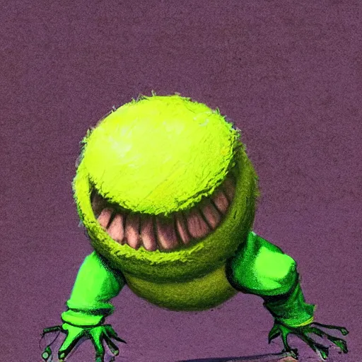 Image similar to a tennis ball monster, tennis ball, dark, chalky, harry potter, digital art, fantasy, magic, trending on artstation, ultra detailed, professional illustration by Basil Gogos