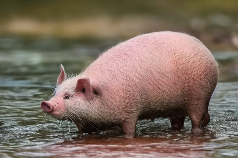 Image similar to a pig otter!!! hybrid! hyper realistic!! realistic lighting!! wildlife photographer of the year!!! bold natural colors, national geographic, hd, wide angle, 8 k