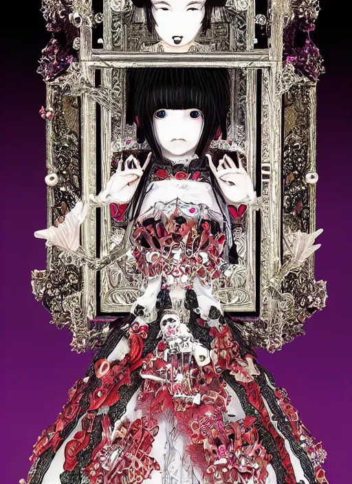 Prompt: baroque bedazzled gothic royalty frames surrounding a pixelsort emo demonic horrorcore japanese beautiful early computer graphics automaton doll, by guro manga artist Shintaro Kago