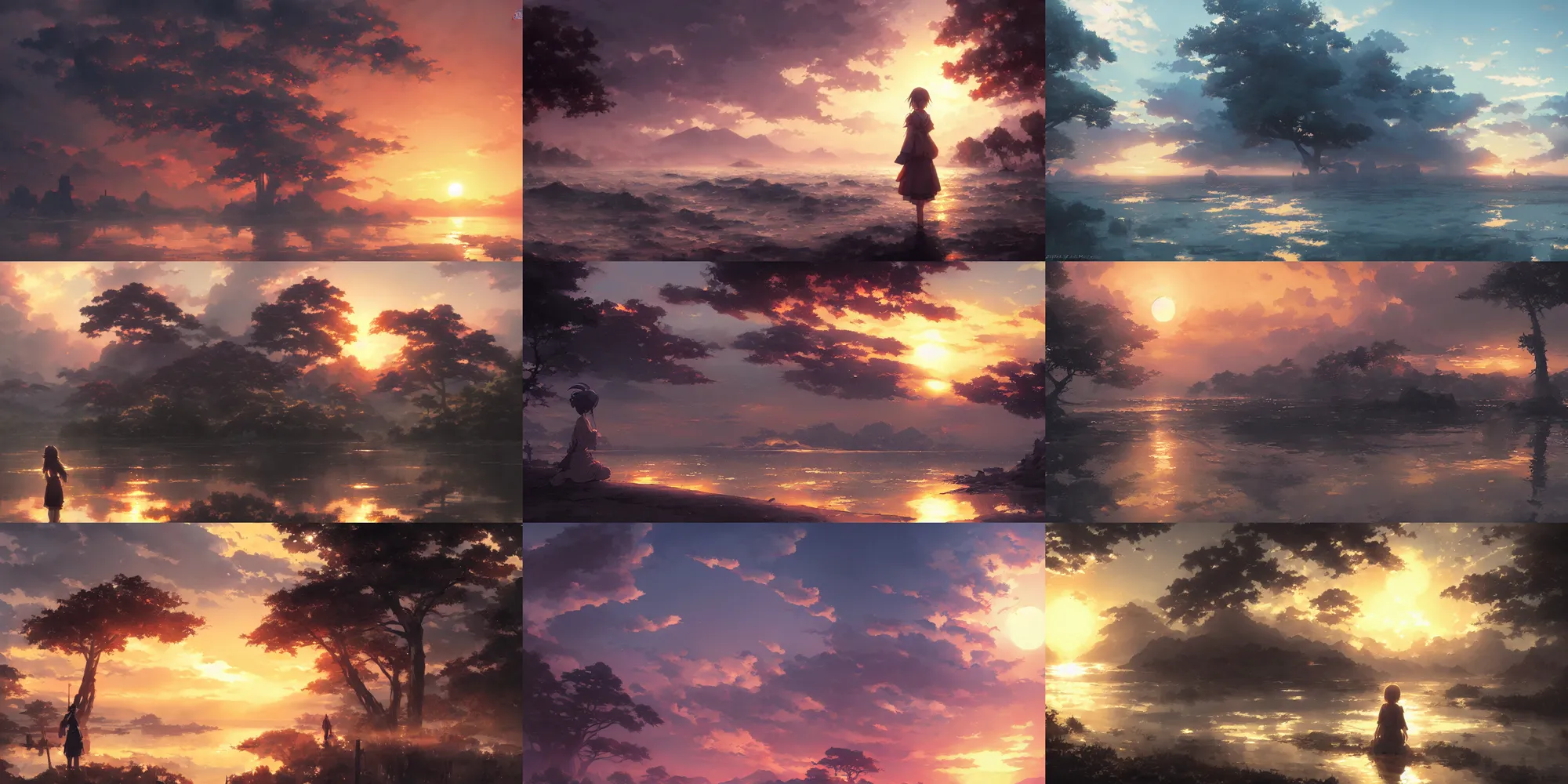 Prompt: anime kyoto animation key by greg rutkowski, sunset