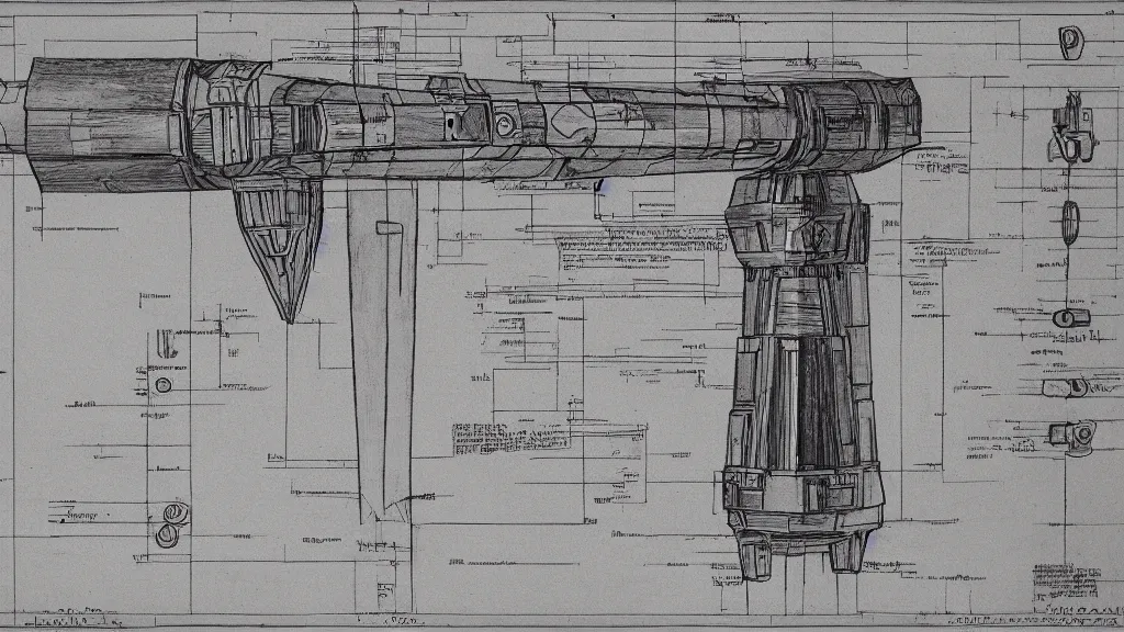 Image similar to renaissance blueprint of a lightsaber