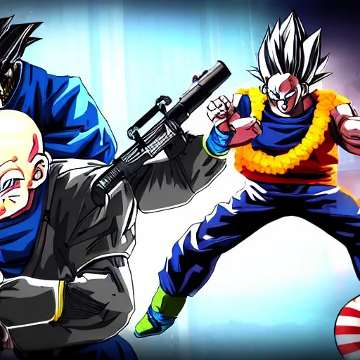 Prompt: screenshot from the pc game payday 2 demonstrating the dragon ball crossover