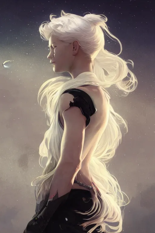 Prompt: white hair, portrait, girl, moon background, night, high detail, concept art, digital art, illustration, smooth, sharp focus, greg rutkowski, alphonse mucha, trending on artstation, trending on deviantart,