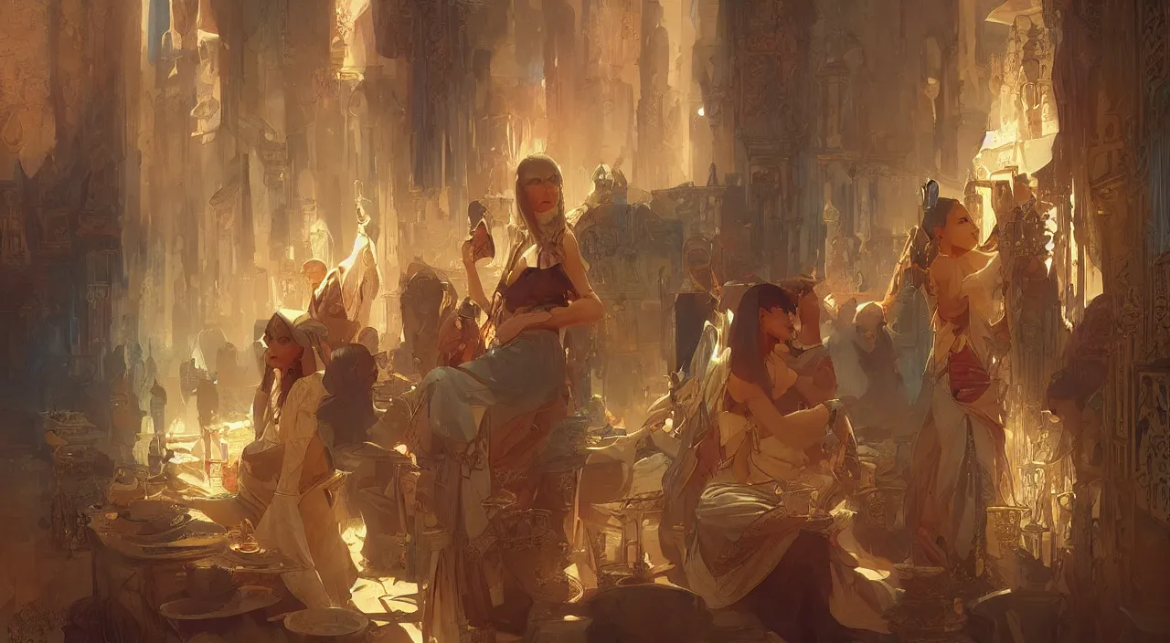 Image similar to bazaar zouk old egypt sky shine digital painting, artstation, concept art, illustration, cinematic lighting, art by artgerm and greg rutkowski and alphonse mucha