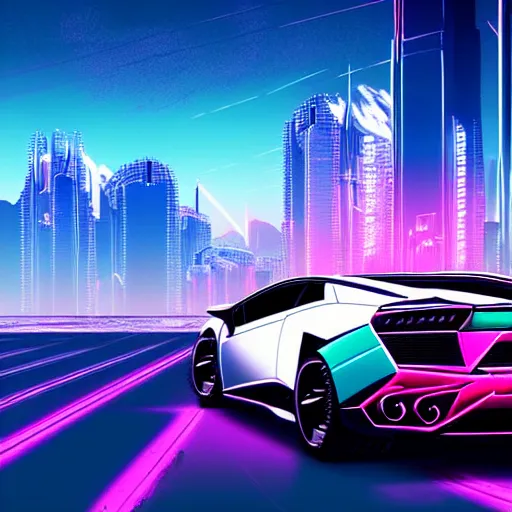 Prompt: epic digital art of photorealistic synthwave lamborghini driving through neon cyberpunk futuristic city towers, mountains in background, wlop, pixiv