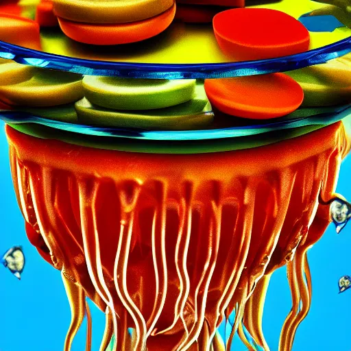 Image similar to hamburger mix jellyfish, cg, 8 k, sharp focus, style by andy warhol