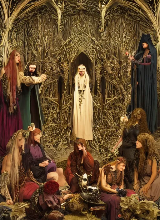 Image similar to picture inside covens den, intricate wiccan scene detailing, textless hyper ornate wiccan masks, highly detailed, lifelike, photorealistic, diffuse lighting, hdrp render, artstation, unreal 5, smooth, sharp focus, art by john collier, albert aublet, krenz cushart, artem demura, alphonse mucha