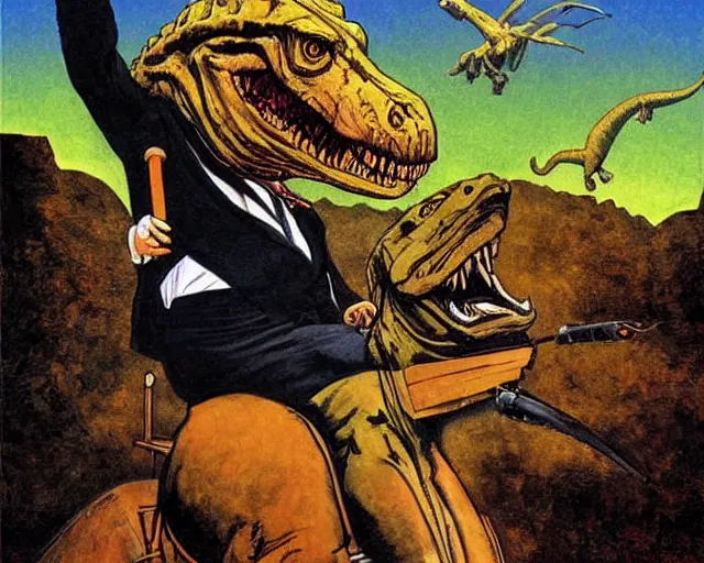 Image similar to Winston Churchill riding a T-Rex, painting by Jean Giraud