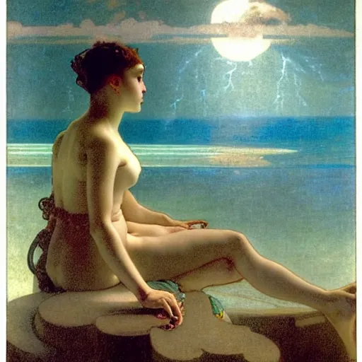 Image similar to Moon girl at the palace, thunderstorm, greek pool, beach and palm trees on the background major arcana sky, by paul delaroche, alphonse mucha and arnold böcklin arnold böcklin hyperrealistic 8k, very detailed