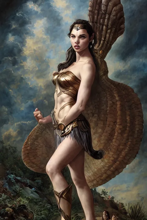 Image similar to A fantasy comic book style portrait painting of Gal Gadot, Anya Taylor-Joy, Joey King, as an Atlantean Reptilian Warrior, François Boucher, Oil Painting, Mystical Valkyrie, unreal 5, DAZ, hyperrealistic, octane render, Regal, Refined, Detailed Digital Art, RPG portrait, William-Adolphe Bouguereau, Michael Cheval, Walt Disney (1937), Steampunk, dynamic lighting, Highly Detailed, Cinematic Lighting, Unreal Engine, 8k, HD