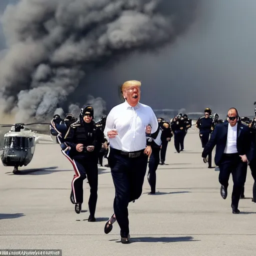 Prompt: donald trump running from policemen that are chasing him behind him, helicopters and explosions in the background