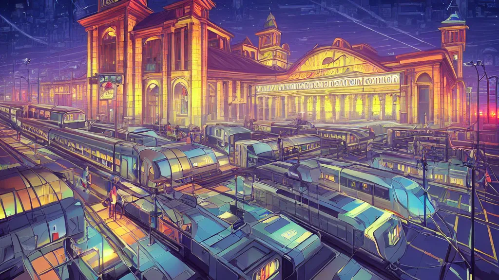 Image similar to the central train station on the outskirts of the city at night by cyril rolando and naomi okubo and dan mumford. advertisements. neon.