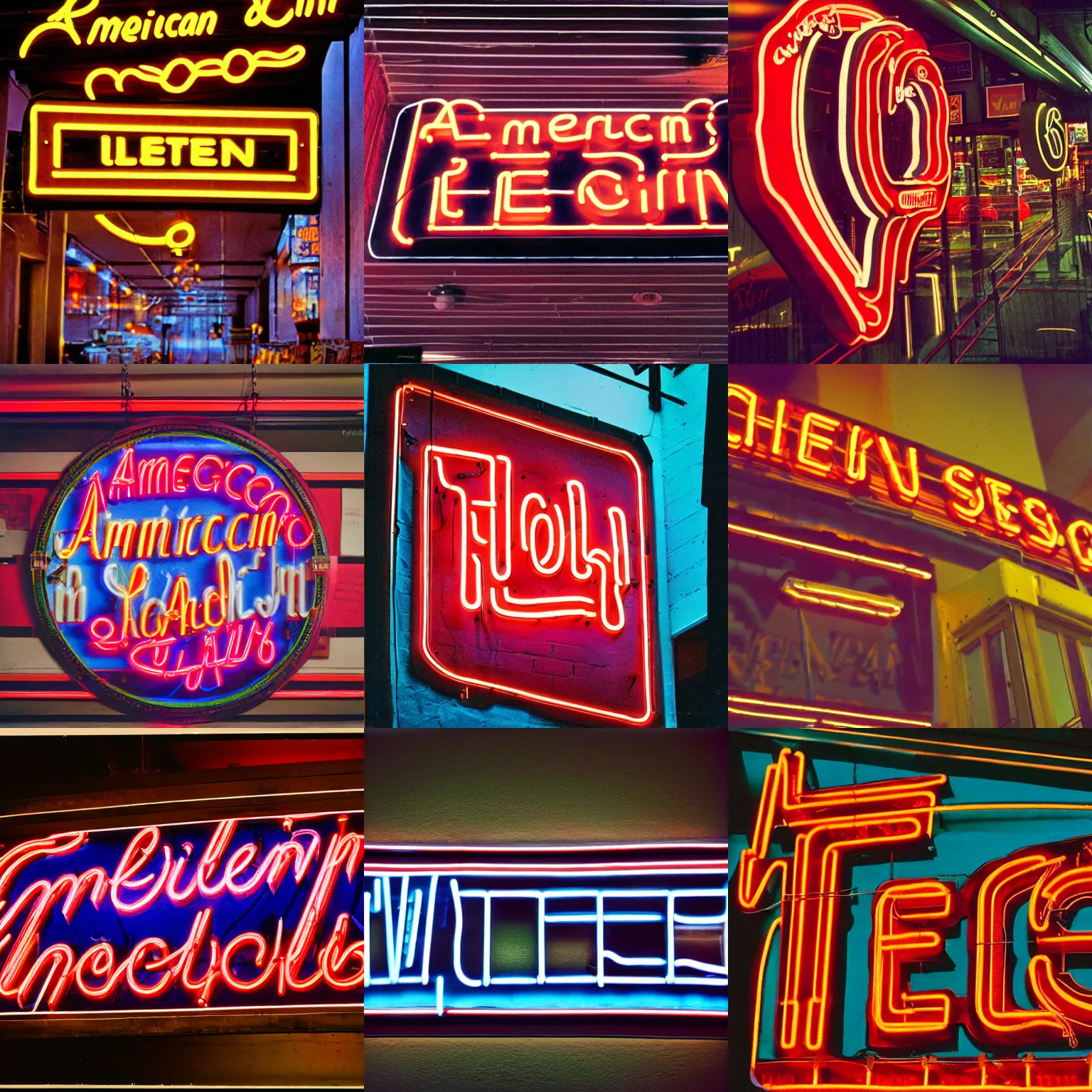 Prompt: american sign museum cincinnati ohio, interior photograph, neon signs, kodak gold 4 0 0, wide angle, 2 5 mm lens