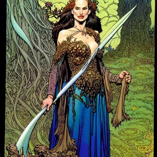 Image similar to a realistic portrait of natalie portman as a druidic wizard by rebecca guay, michael kaluta, charles vess and jean moebius giraud