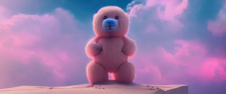 Prompt: a teddy bear with transparent skin painted by Mike Winkelmann, fluffy clouds, pink girl, cotton candy, dreamy soft, rainbow