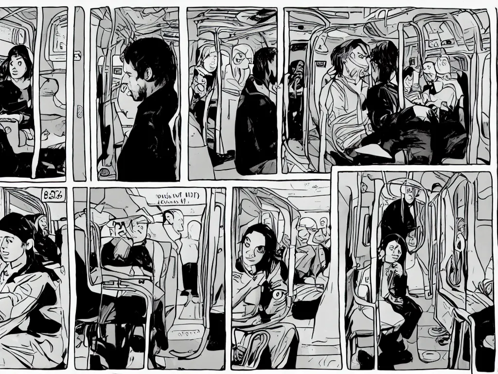 Image similar to a single comic panel by Daniel Clowes, 3/4 low angle view wide shot of two people sitting in an empty Chicago subway train, in front of windows: a sad Aubrey Plaza in a parka and a friendly Mads Mikkelsen in a suit