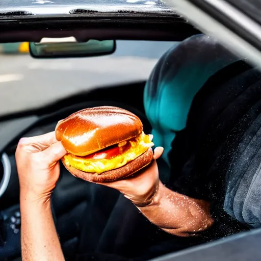 Prompt: gopro photograph of garbage bag with human face oozing goop inside car, holding cheeseburger