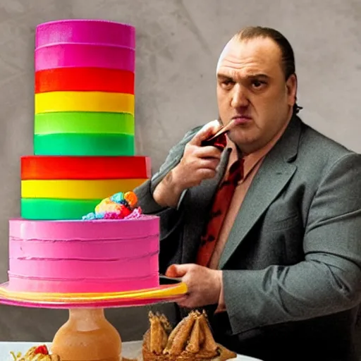 Image similar to tony soprano eating a rainbow candy cake t