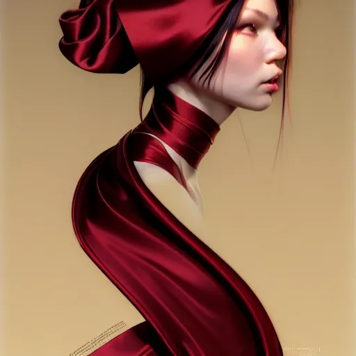 Prompt: chaotic burgundy satin ribbons instead of skin build image of beautiful face, moebius, bao pham, donato giancola, larry elmore, masterpiece, trending on artstation, featured on pixiv, cinematic composition, beautiful lighting, sharp, details, hyper - detailed, hdr, 4 k, 8 k