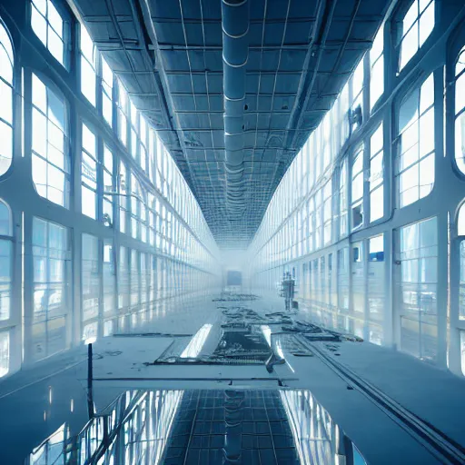 Image similar to the inside of a very tall factory, big pods, big windows, octane render, cool colour scheme, white, cyberpunk architecture, cinematic, scenery, unreal engine, render, cgsociety, modernism, futuristic, artstation, sci - fi, high detail, high quality, close up angle,