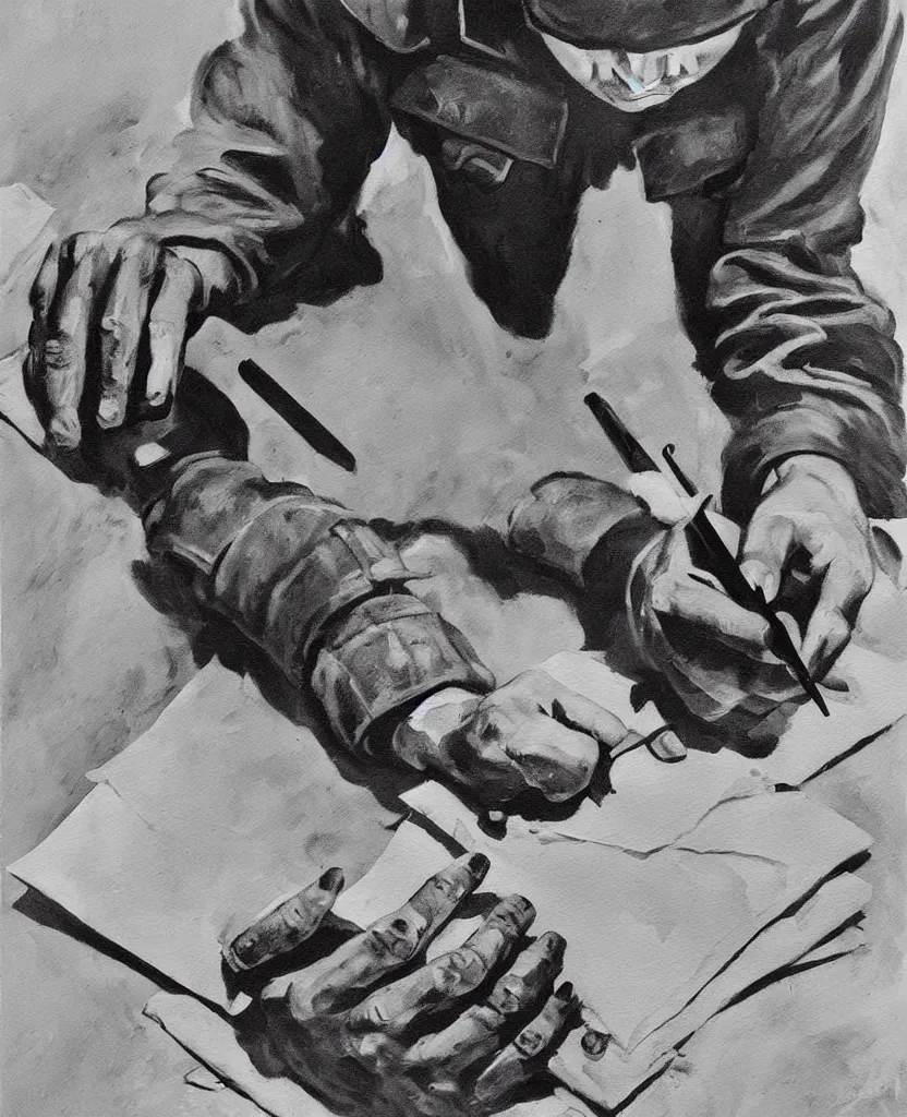 Image similar to a painting of soldier's hands writing a sad letter in el alamein battle, wwii,, black and white, bauhaus