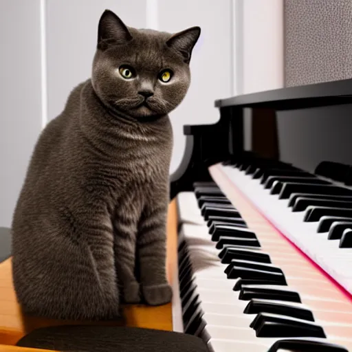 Image similar to portrait of british shorthair cat sitting on piano keys with colorful musical notes in background