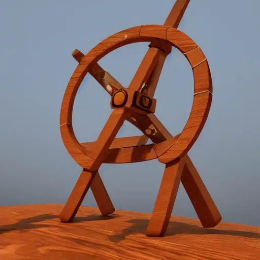 Image similar to a four-directional catapult, 3D model, octane render, wooden