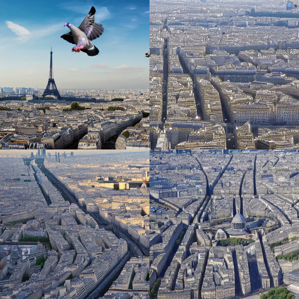 Prompt: 100m tall pigeon attack on Paris, as seen from drone camera
