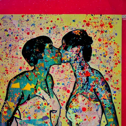 Prompt: two women kissing at a carnival in tokyo, mixed media collage, retro, paper collage, magazine collage, acrylic paint splatters, bauhaus, claymation, layered paper art, sapphic visual poetry expressing the utmost of desires by jackson pollock