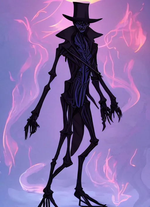 Image similar to DND character concept, Tall skeletal figure, wearing a deep black suit!!! and tie and top hat, holding a golden cane. Surrounded by light blue!!! flames!!