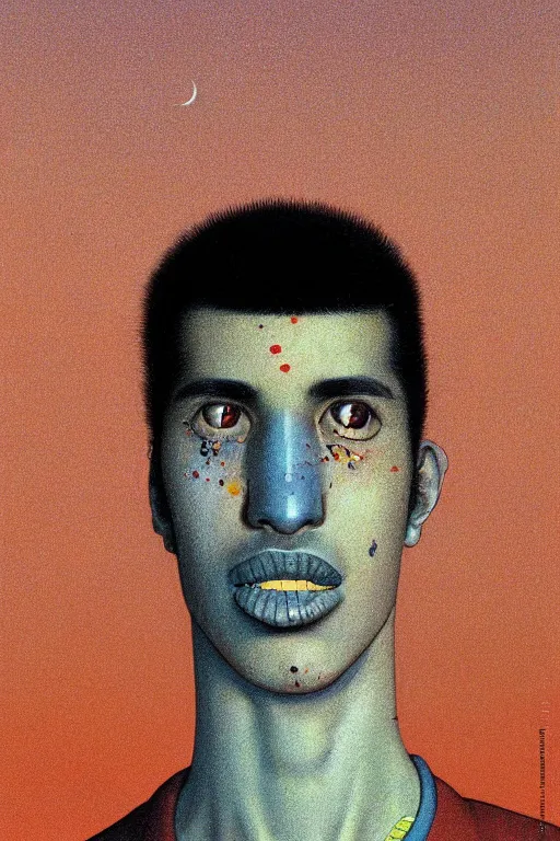 Prompt: a scifi closeup portrait of a young morrocan man licking a blotter paper of LSD acid on his tongue and dreaming psychedelic hallucinations in cosmos, by kawase hasui, moebius, Edward Hopper and James Gilleard, Zdzislaw Beksinski, Steven Outram colorful flat surreal design, hd, 8k, artstation