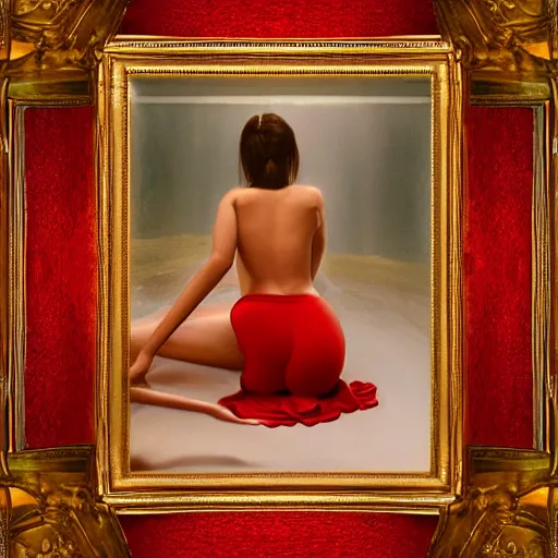 Prompt: Emily Ratajkowski full body laying in a blood red pool of water between a golden mirror frame, outside is space and inside the mirror frame is a beautiful landscape., physically accurate, dynamic lighting, intricate, elegant, highly detailed, very very Roberto Ferri, sharp focus, illustration, art