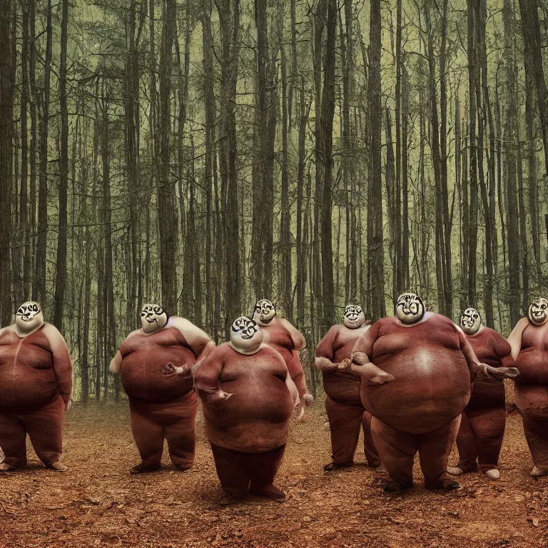 Image similar to a tribe of fat man levitating in a pine forest , ektachrome hyper realistic and detailed, wear heavy heavy ornemental costumes and elongate bones masks