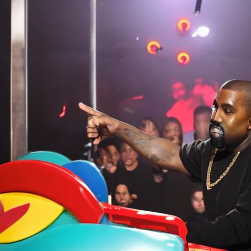 Image similar to kanye west performing a live concert inside of a mcdonalds playplace