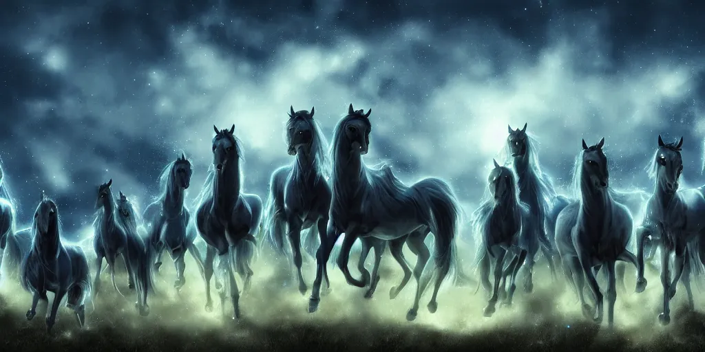 Image similar to a group of cyan spectral transparent ghost skeletal horses with ghastly knights fly overhead in the starry twilight sky, high detail, sharp, digital art