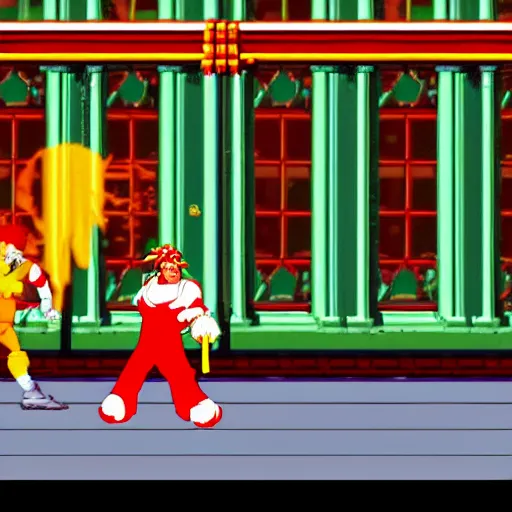 Prompt: screenshot of ronald mcdonald, white face, red afro, red nose and yellow outfit as an enemy in streets of rage video game, sega genesis video game, upscaled to high resolution